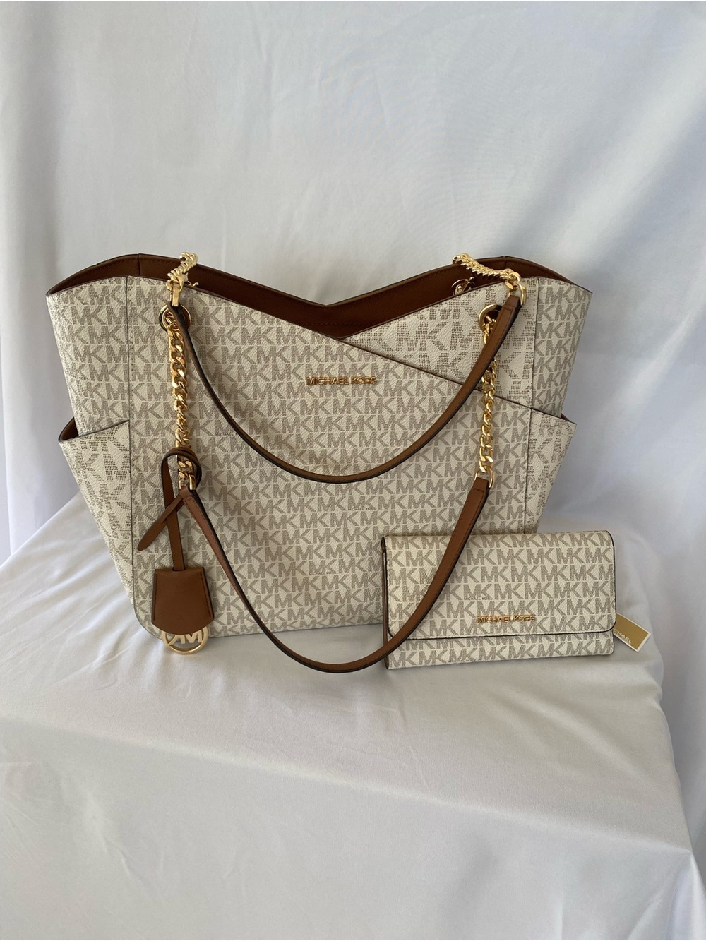 Michael Kors Ivory Logo Tote with Brown Trim and Matching Wallet